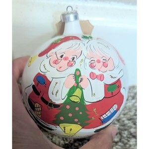 Vintage Hand Painted Christmas Bulb Ornament Santa and Mrs Claus Kitschy Cut